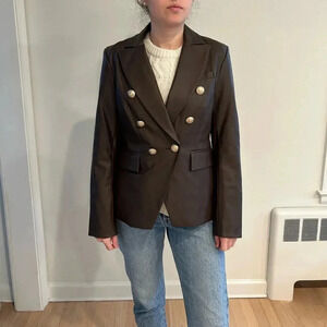 LOVE TOKEN Nellie vegan leather double breasted chocolate brown blazer sz L